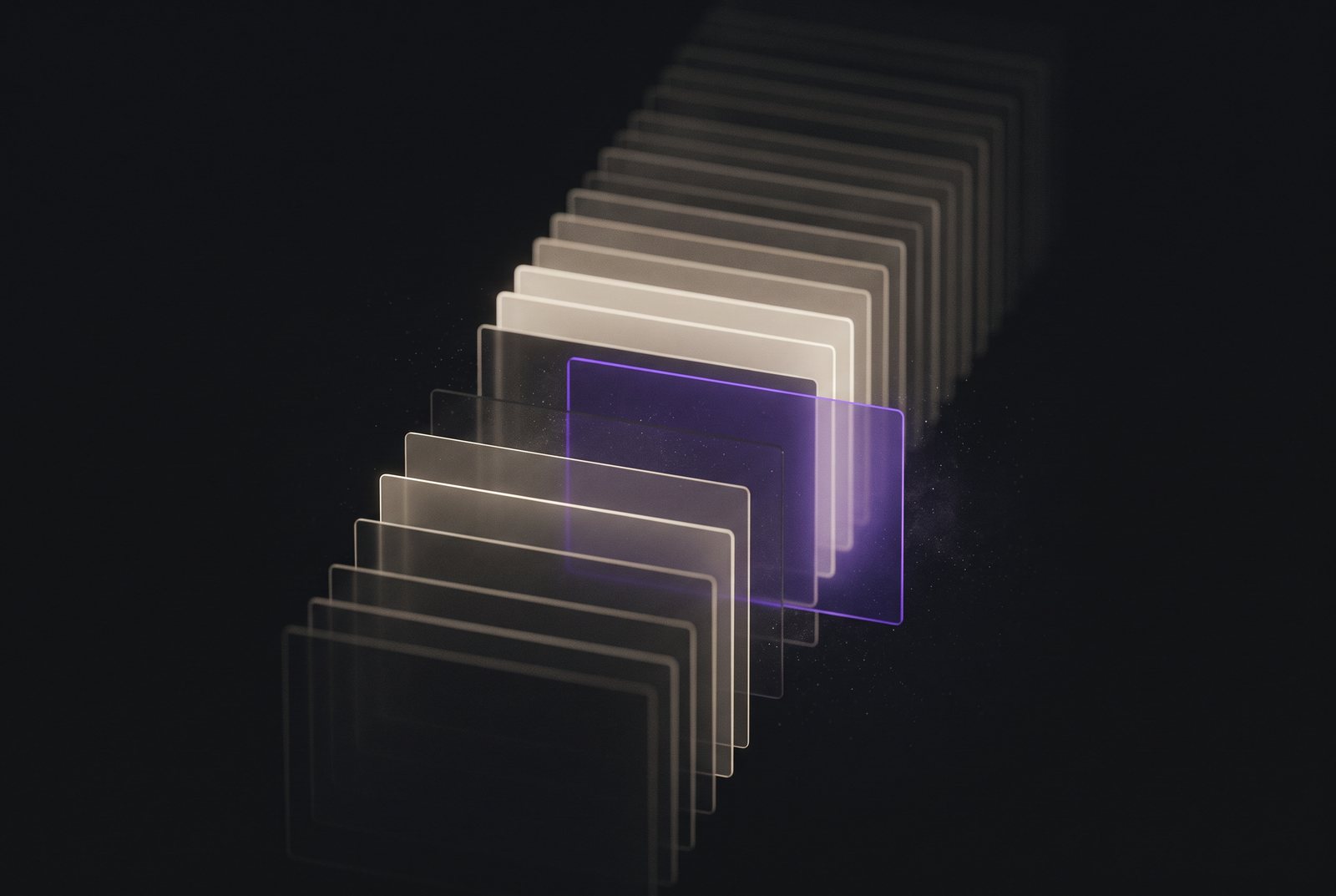 A stack of translucent cards receding into darkness, one violet card pulled out of the queue