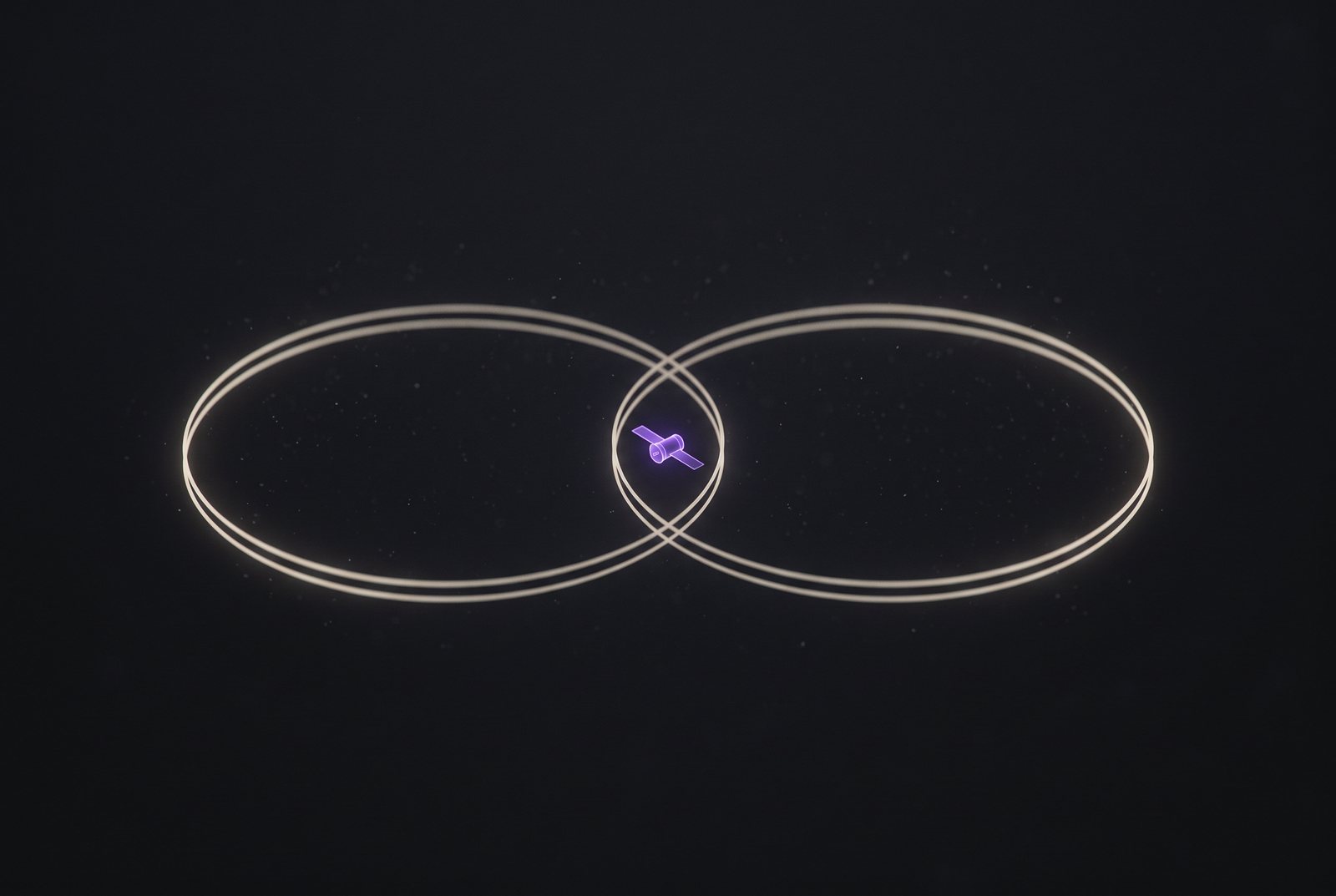 Two luminous ring orbits side by side sharing one violet satellite