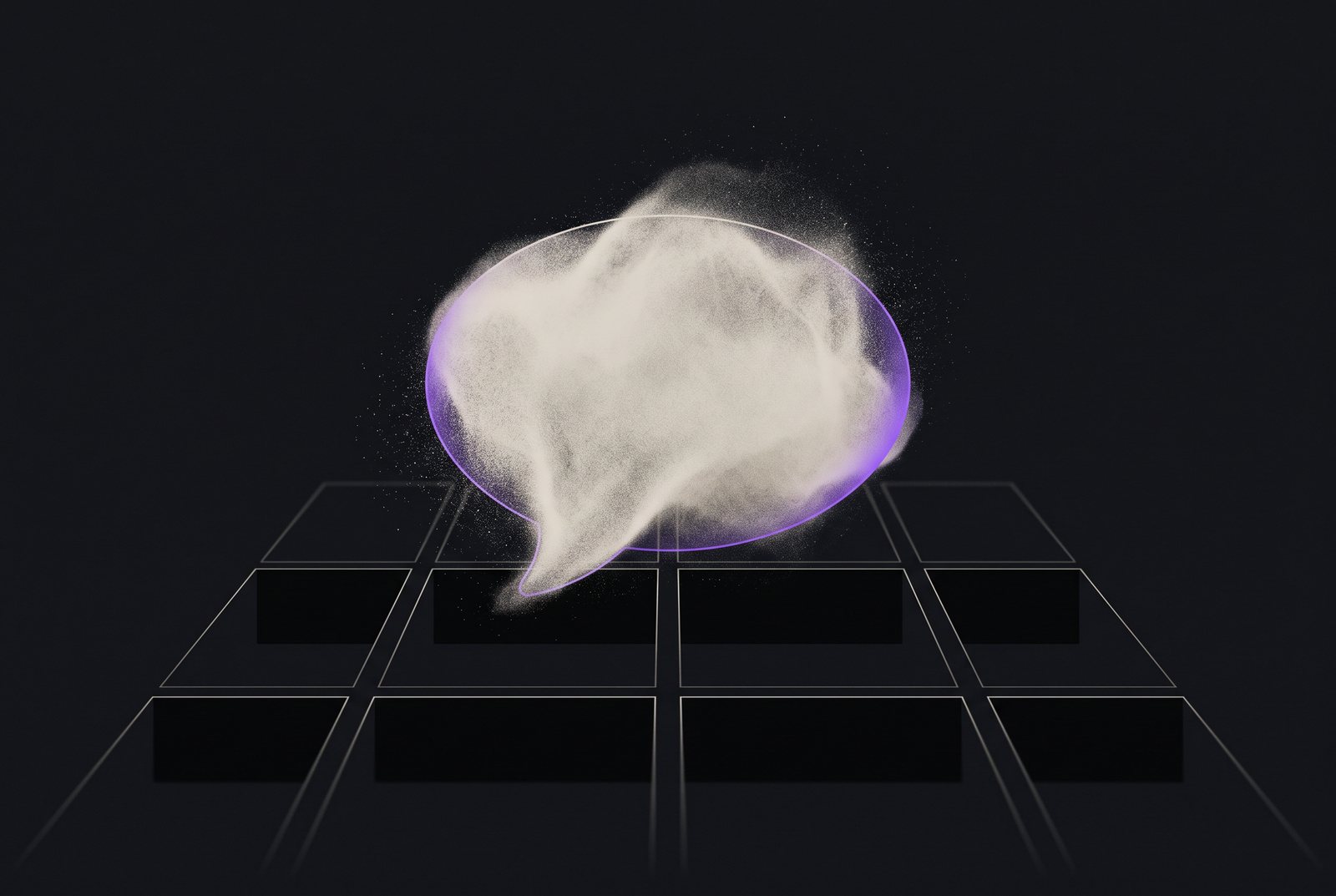 A soft speech bubble of light drifting above a rigid grid of dark empty rectangles