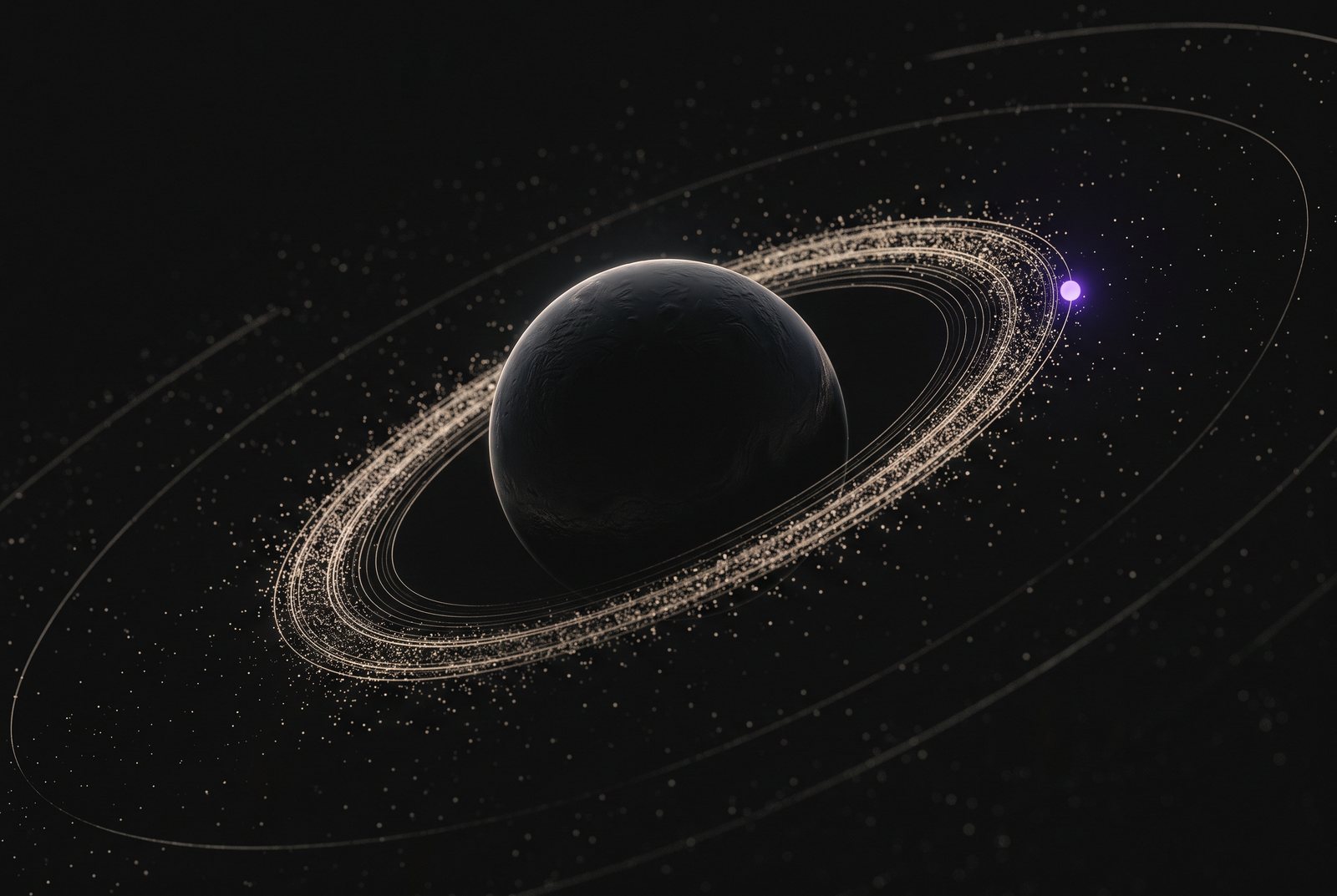 A dark planet with a thin tilted ring of particles and one violet satellite on the rim