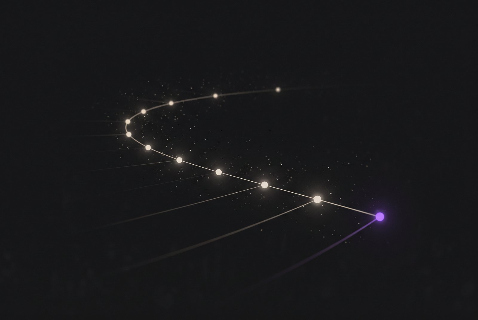 Nine luminous nodes along a curving path receding into darkness, the last one violet