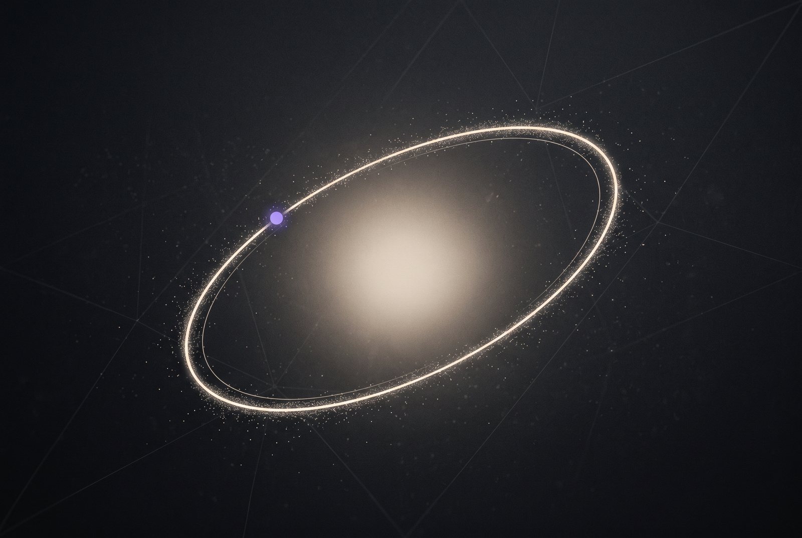A thin luminous ring of particles seen at a steep angle with a violet satellite and a soft central glow