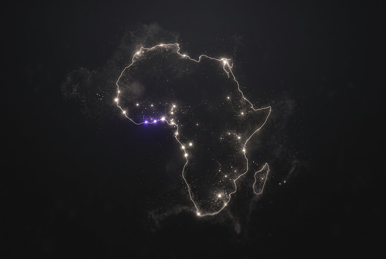 The outline of Africa drawn in luminous particle dust with lights along the west coast
