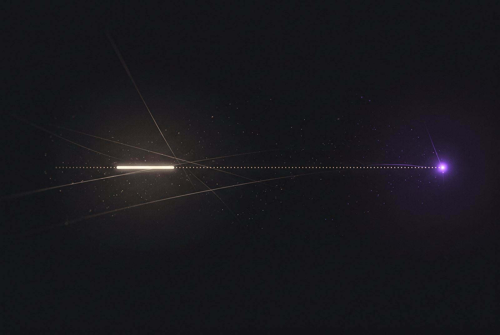 A long faint dotted timeline with a short bright segment near the start and a violet spark at its end